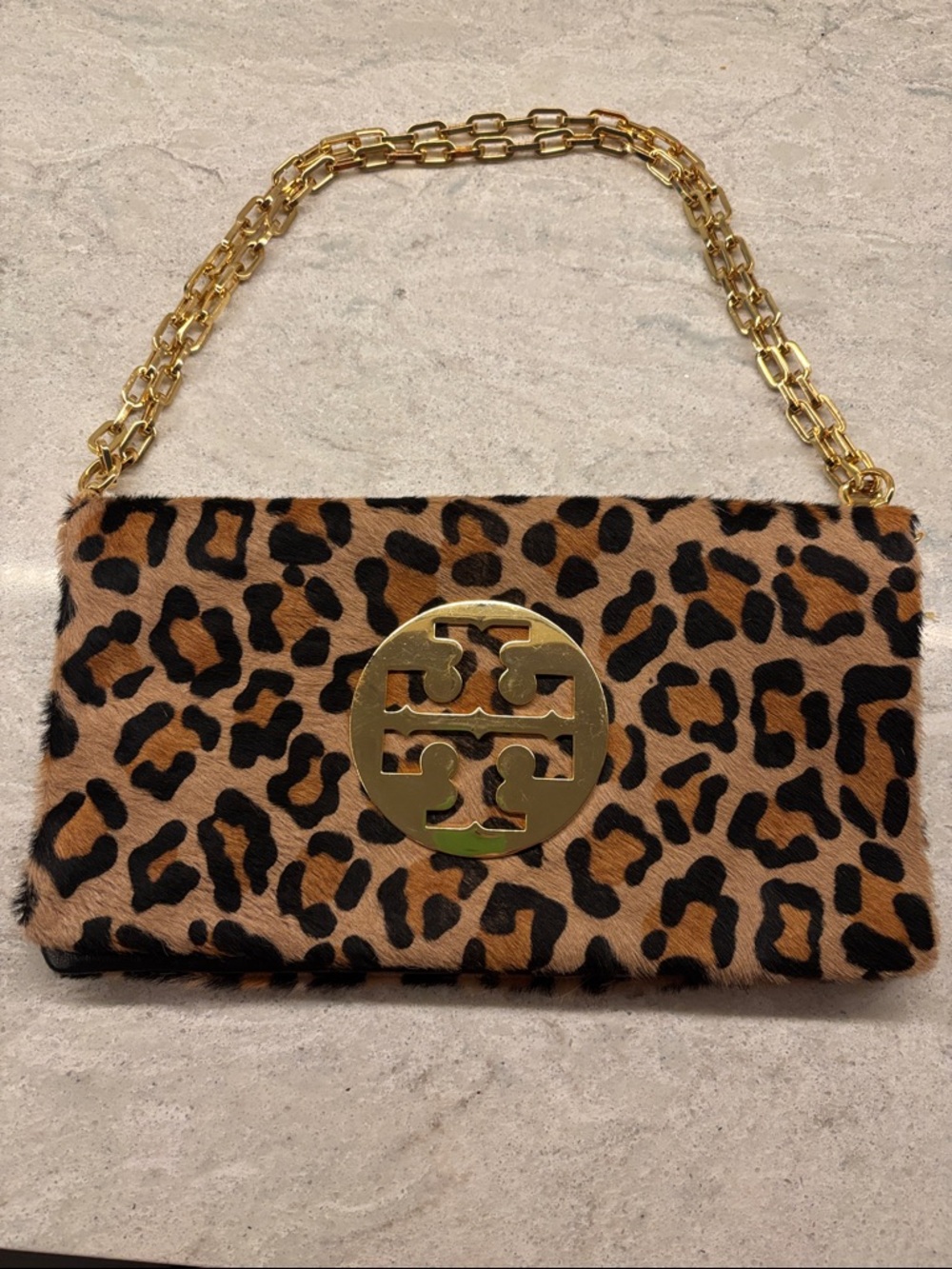 Tory Burch Leopard Print Fur Clutch with Gold Logo Chain